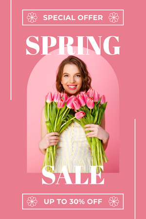 Designvorlage Frühlingsverkauf mit Frau mit Blumensträußen für Pinterest