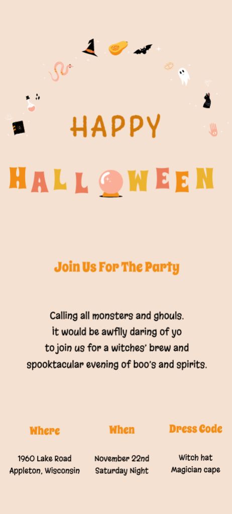 Halloween Party Announcement with Holiday Attributes Invitation 9.5x21cmデザインテンプレート