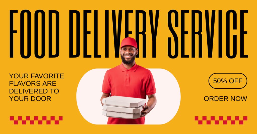Template di design Food Delivery Service Offer with Friendly Courier Facebook AD
