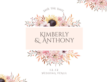 Wedding Celebration Announcement with Retro Style Flowers Invitation 13.9x10.7cm Horizontal – шаблон для дизайна
