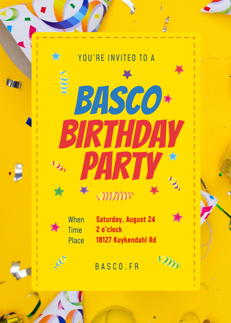 Birthday Party with Confetti and Ribbons in Yellow Invitation tervezősablon
