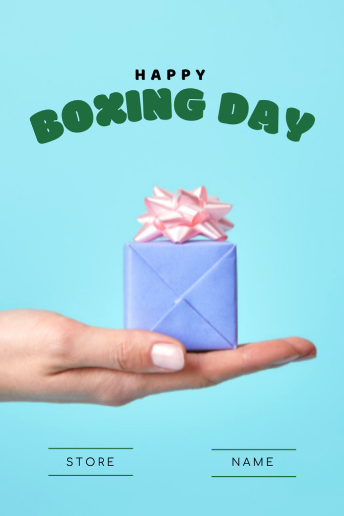 Plantilla de diseño de Boxing Day Holiday Greeting with Cute Gift in Blue Postcard 4x6in Vertical 