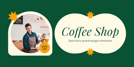 Rich Coffee At Half Price Brewed By Barista In Coffee Shop Twitter Design Template