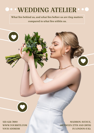 Designvorlage Hochzeits-Atelier-Werbung mit Braut, die einen Blumenstrauß hält für Poster
