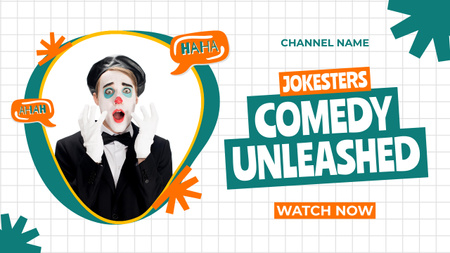 Anúncio de programa de comédia com homem maquiado de palhaço Youtube Thumbnail Modelo de Design