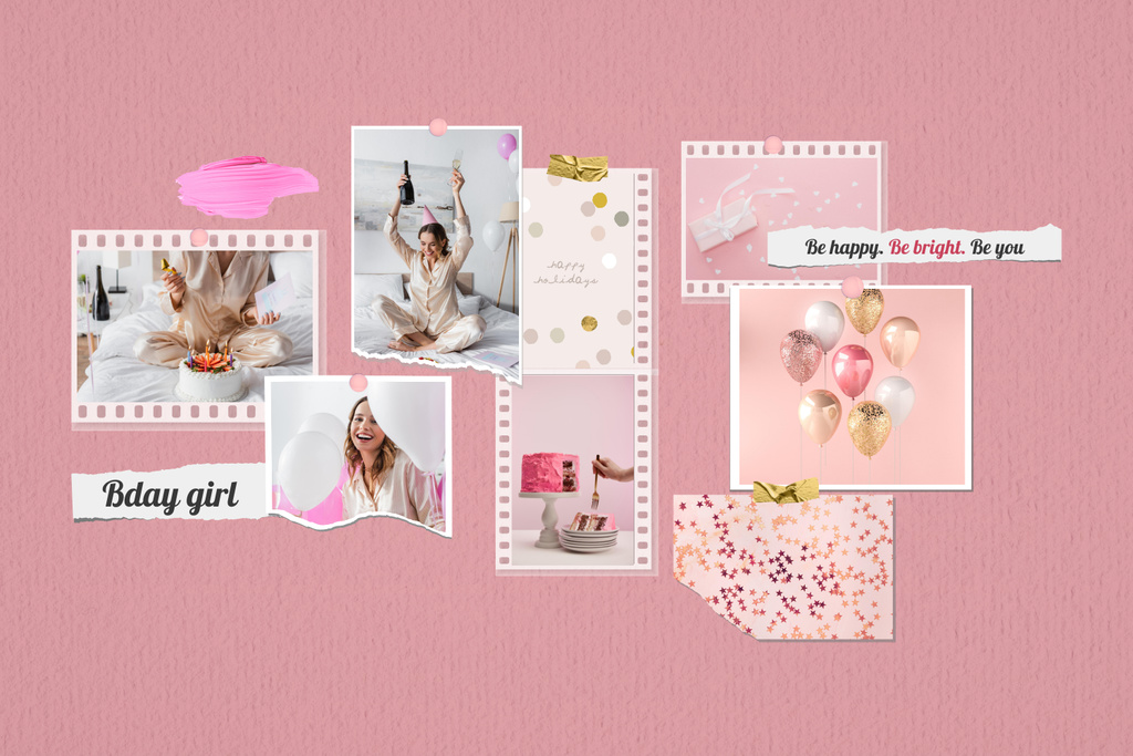 Playful Birthday Holiday Celebration In Pink Mood Board Πρότυπο σχεδίασης