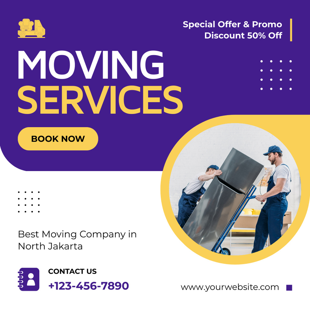 Moving Services Ad with Men carrying Fridge Instagram Design Template