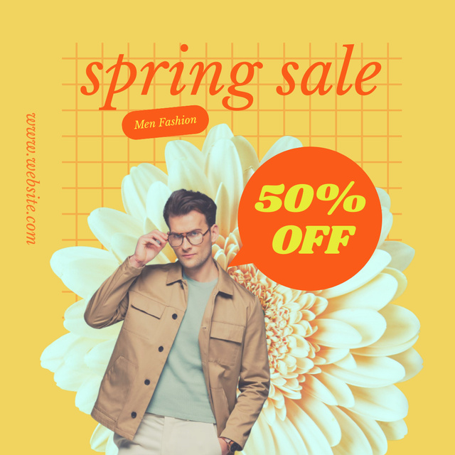 Men's Spring Collection Sale Announcement with Man in Jacket Instagram tervezősablon