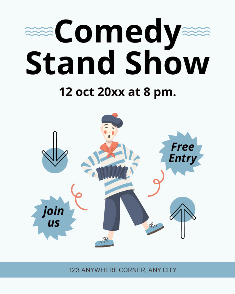 Comedy Stand-up Show Ad with Illustration of Mime Instagram Post Verticalデザインテンプレート