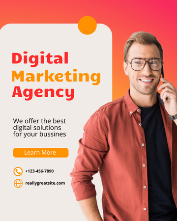 Digitális Marketing Ügynökség szolgáltatásai szemüveges üzletemberrel Instagram Post Vertical tervezősablon