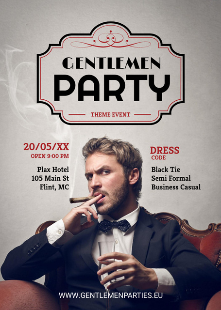 Platilla de diseño Gentlemen Party Ad with Handsome Man in Suit with Cigar Flyer A6