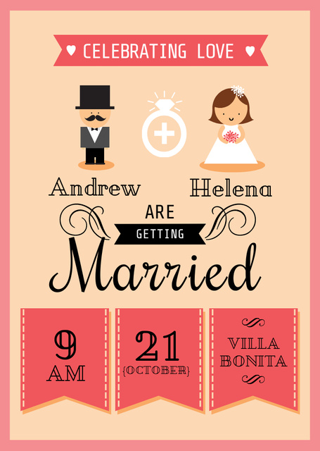 Wedding Invitation with Illustration of Groom and Bride Flyer A6 Design Template