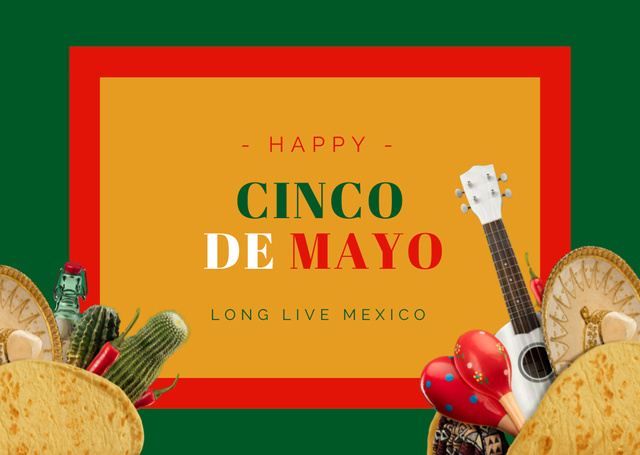 Designvorlage Cinco de Mayo Ad with Men in Sombrero Eating Taco für Card