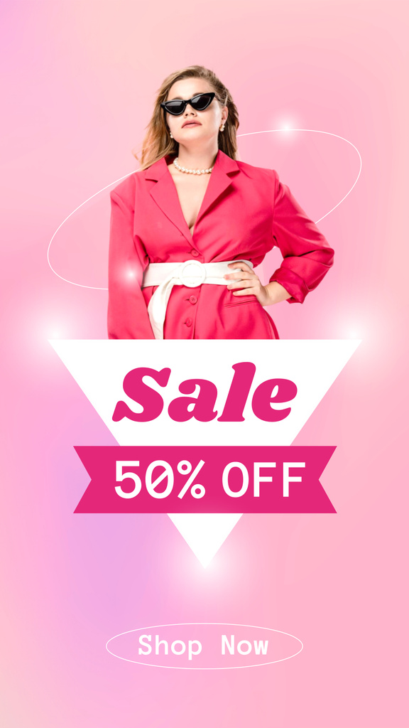 Oversize Women Fashion Ad with Lady in Pink Coat Instagram Story Design Template