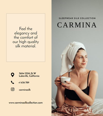 Designvorlage Werbung für Seidennachtwäsche mit attraktiver Frau für Brochure 9x8in Bi-fold
