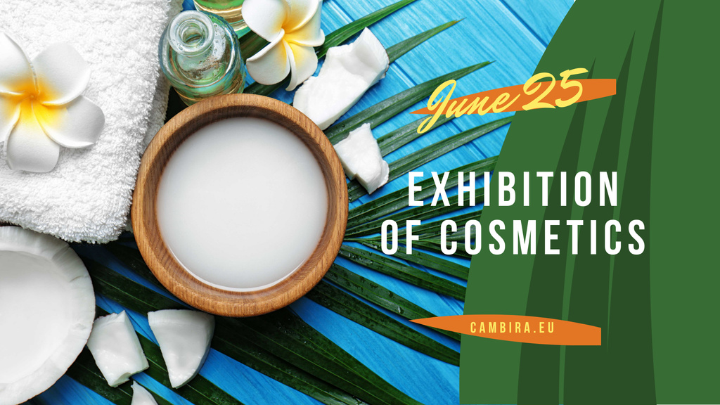 Exhibition of Cosmetics Ad with green leaves and Flower FB event cover Design Template