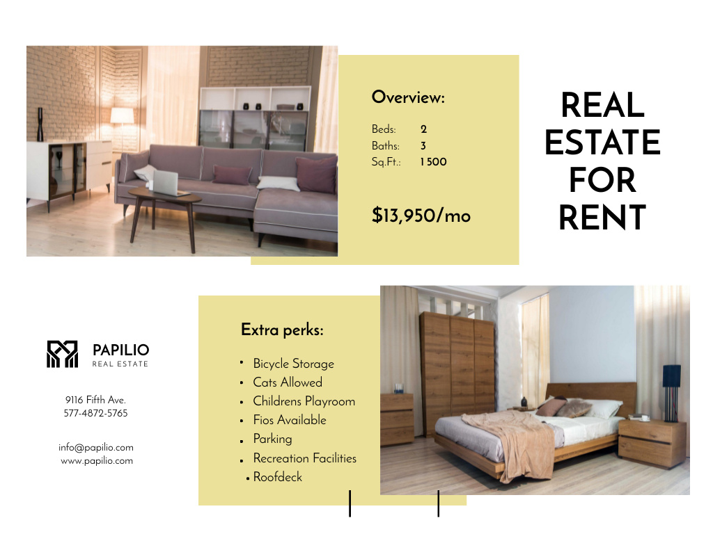 Real Estate Rental Property Offer with Cozy Living Room Flyer 8.5x11in Horizontal Design Template