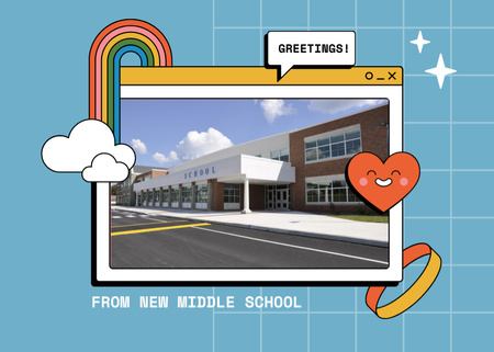 Designvorlage Grüße von der neuen Schule mit süßen Kritzeleien für Postcard 5x7in