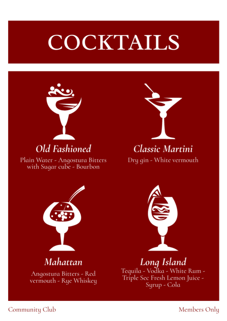 Cocktails Assortment on Red Menu Design Template