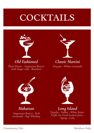 Cocktails Assortment on Red Menu Design Template