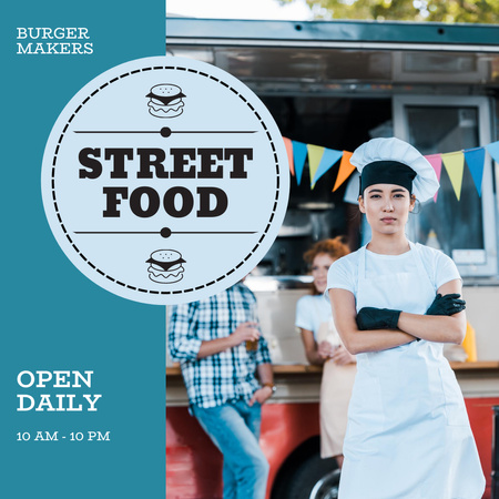 Street Food Spot Opening Announcement with Cook Instagram Modelo de Design