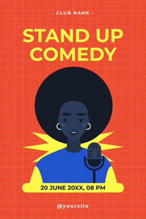 Stand-up Comedy Show with Illustration of Woman with Microphone Pinterest Design Template