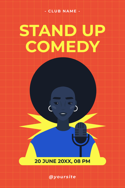 Ontwerpsjabloon van Pinterest van Stand-up Comedy Show with Illustration of Woman with Microphone