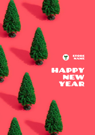 New Year Holiday Greeting with Festive Trees Postcard A5 Vertical Design Template