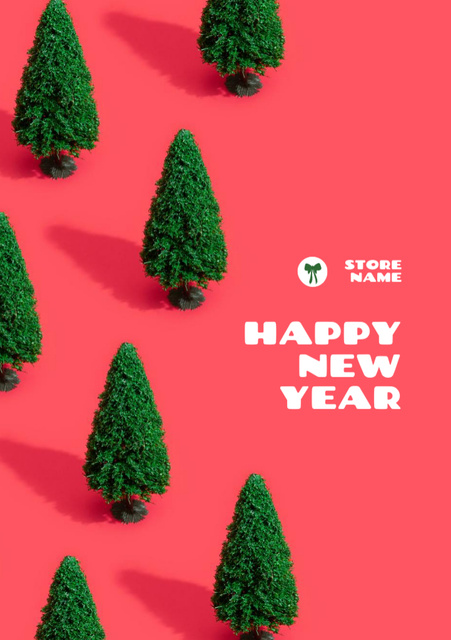 New Year Holiday Greeting with Festive Trees Postcard A5 Vertical – шаблон для дизайна