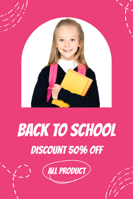 School Supplies Sale with Cute Little  Girl on Pink Pinterest Design Template