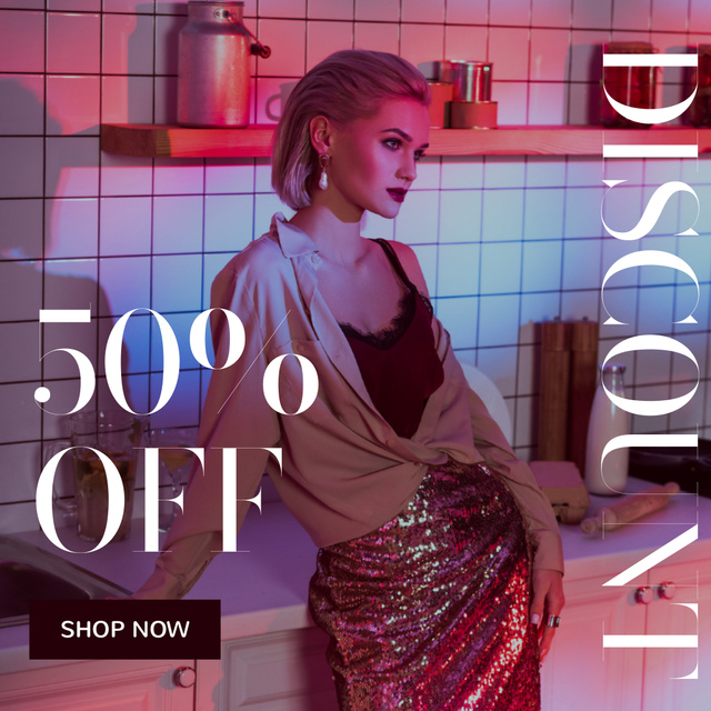 Fashion Ad with Woman in Stylish Shiny Outfit Instagram Design Template