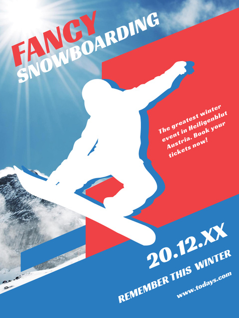 Template di design Snowboard Event Announcement with Man Riding in Snowy Mountains Poster US