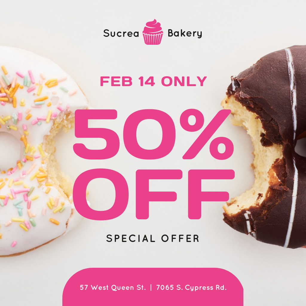 Valentine's Day Offer with sweet Donuts Instagram Design Template