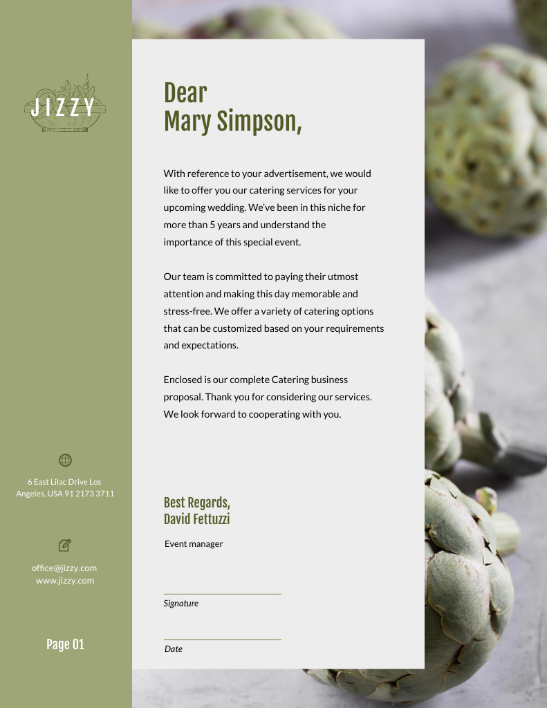 Catering Services With Green Artichokes Letterhead 8.5x11in – шаблон для дизайна