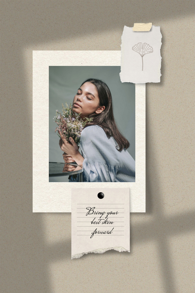 Skincare Ad with Girl holding Tender Flowers Pinterest Tasarım Şablonu