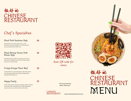 Chinese Restaurant Ad with Tasty Noodles Menu 11x8.5in Tri-Fold Design Template