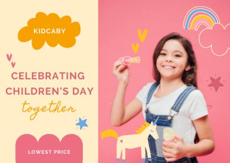 Children's Day with Cute Girl with Soap Bubbles Card Šablona návrhu