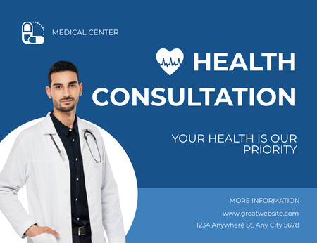 Egészségügyi konzultáció ajánlat fiatal orvossal Thank You Card 5.5x4in Horizontal tervezősablon
