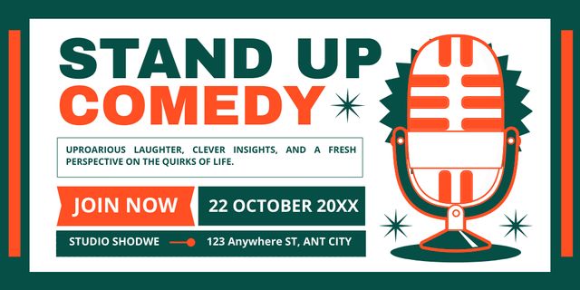 Standup Show Invitation with Orange Microphone Twitter Design Template