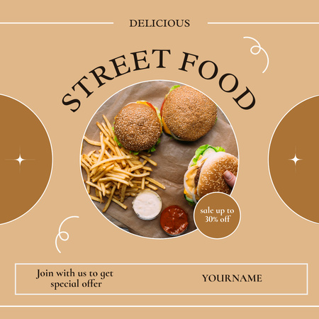 Street Food ajánlat ízletes hamburgerekkel és sült krumplival Instagram tervezősablon