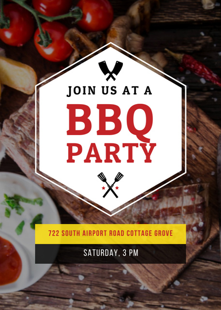 Plantilla de diseño de BBQ Party Announcement with Grilled Steak Invitation 