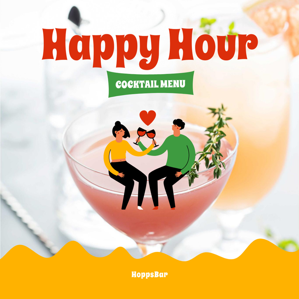 Funny Illustration of Cute Couple sitting on Cocktail Instagramデザインテンプレート