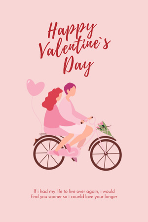 Happy Valentine's Day Greeting With Happy Couple On Bicycle Postcard 4x6in Vertical Design Template