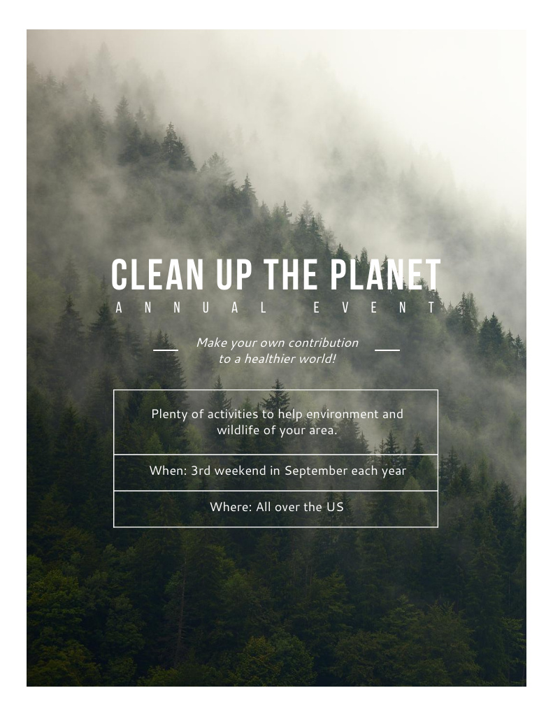 Ecological Event Announcement with Foggy Forest View Flyer 8.5x11in Design Template
