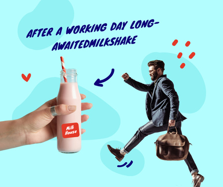Funny Illustration of Businessman walking to Milk Bottle Facebook Design Template