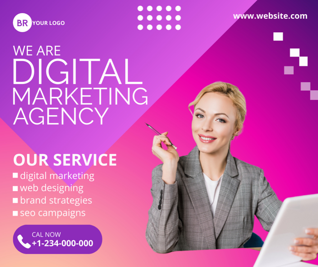 List of Digital Marketing Agency Services with Businesswoman Facebookデザインテンプレート