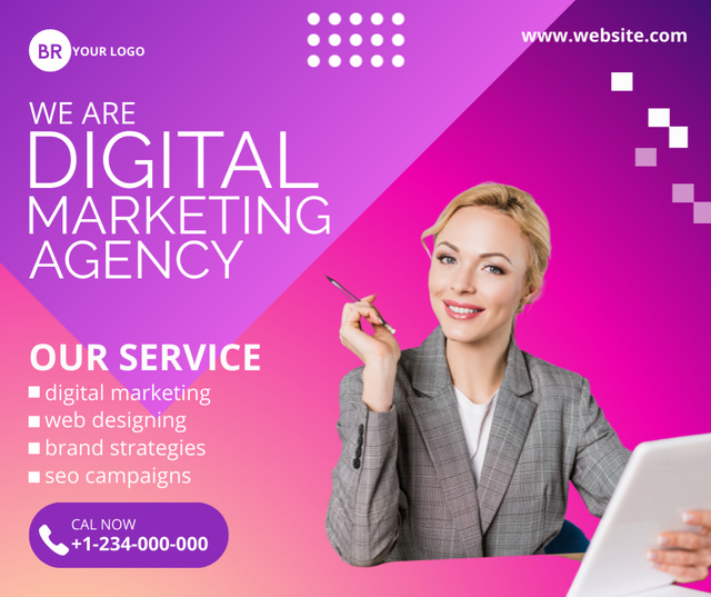 Platilla de diseño List of Digital Marketing Agency Services with Businesswoman Facebook