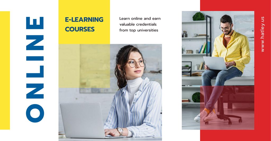 Designvorlage Online Courses Ad People Working on Laptops für Facebook AD