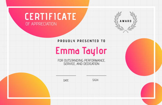 Appreciation for Performance Service with Bright Circles Certificate 5.5x8.5in Design Template
