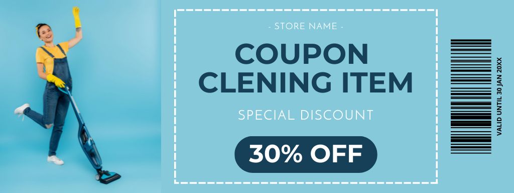 Happy Housewife on Cleaning Item Blue Coupon Πρότυπο σχεδίασης